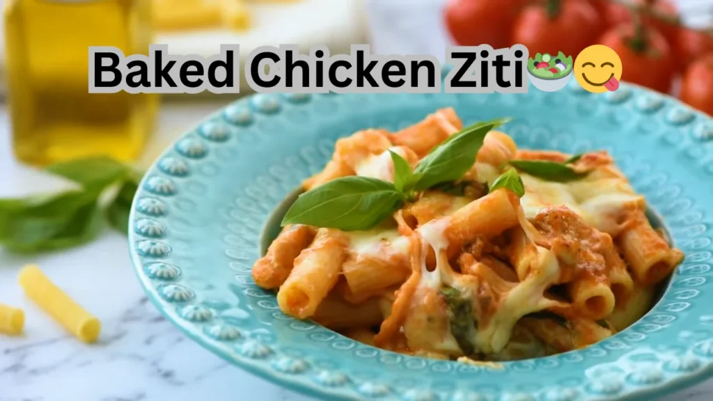 A delicious portion of baked chicken ziti, showcasing pasta, chicken, and a bubbly cheese topping, arranged on a plate.