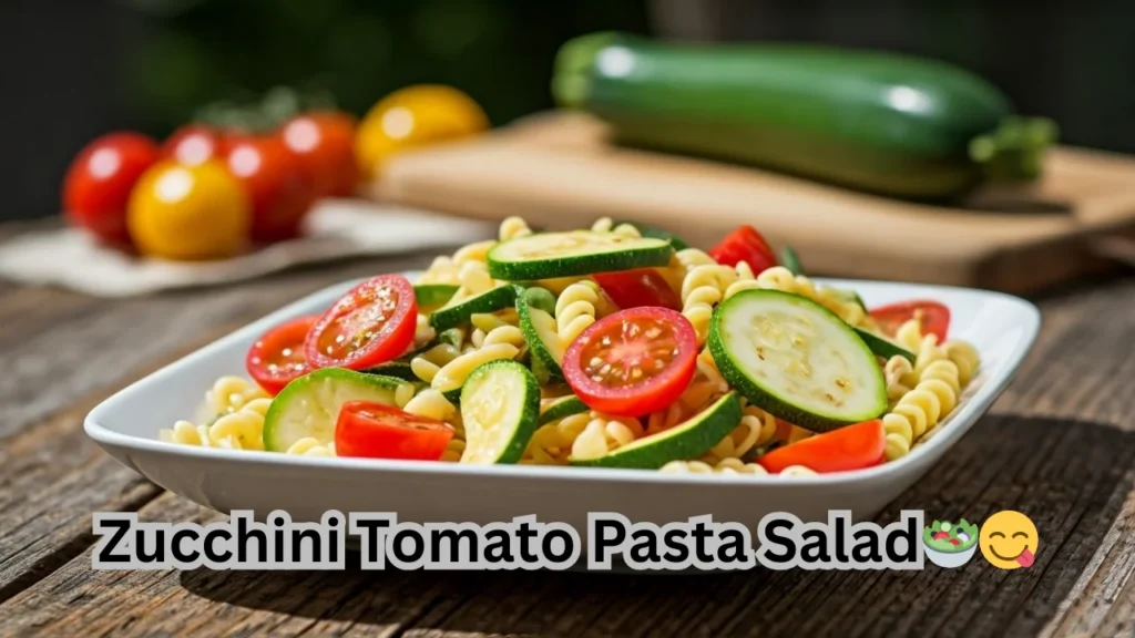 A colorful zucchini tomato pasta salad, featuring spiralized zucchini, cherry tomatoes, and a light dressing.