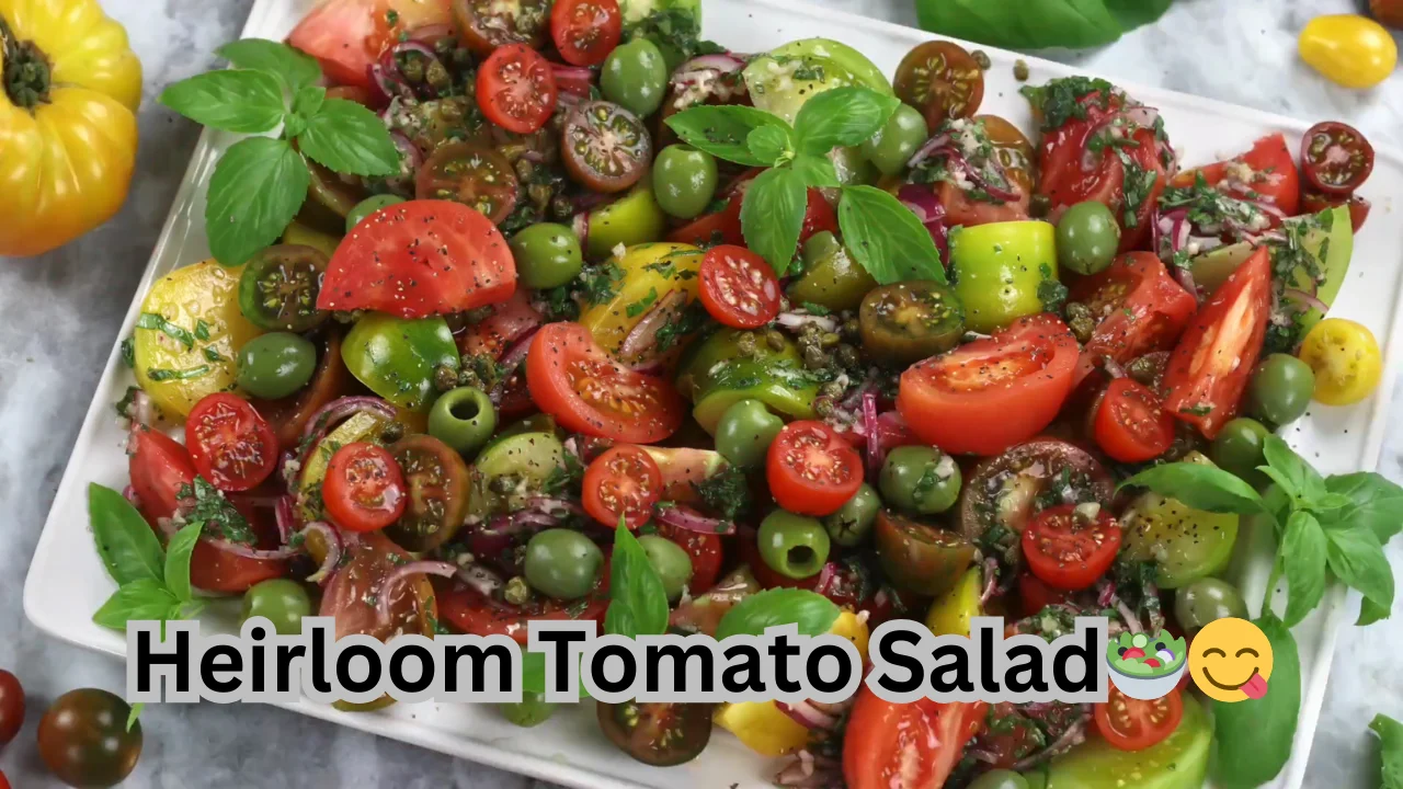 A fresh tomato salad with sliced tomatoes, green herbs, and a sprinkle of seasoning, presented in a wooden bowl.