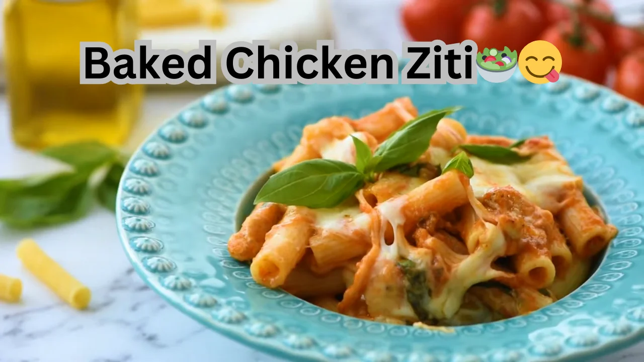 A delicious portion of baked chicken ziti, showcasing pasta, chicken, and a bubbly cheese topping, arranged on a plate.