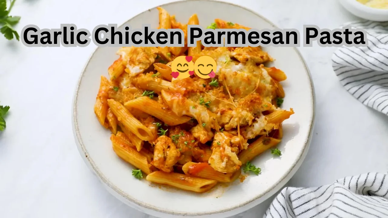 A delicious bowl of garlic chicken parmesan pasta, garnished with fresh herbs and melted cheese, ready to enjoy.