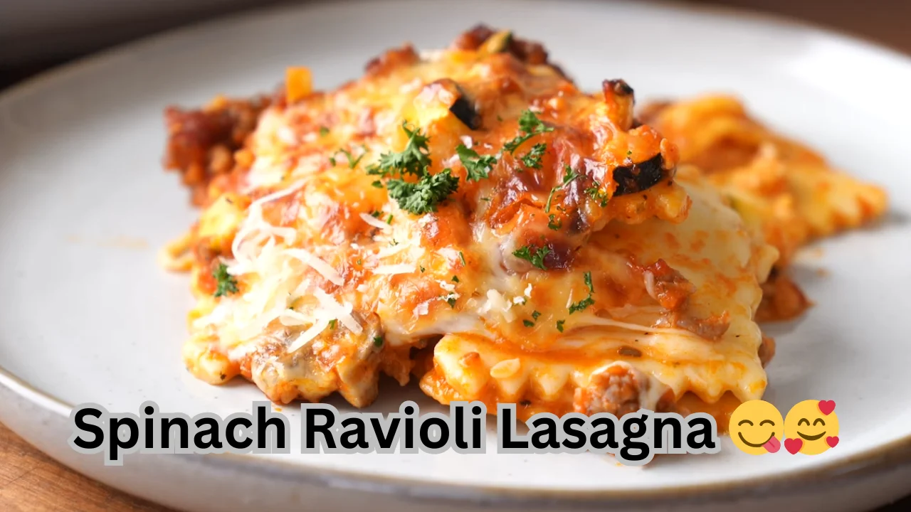 A vibrant spinach ravioli lasagna, featuring green pasta layers, melted cheese, and savory sauce, perfect for dinner.