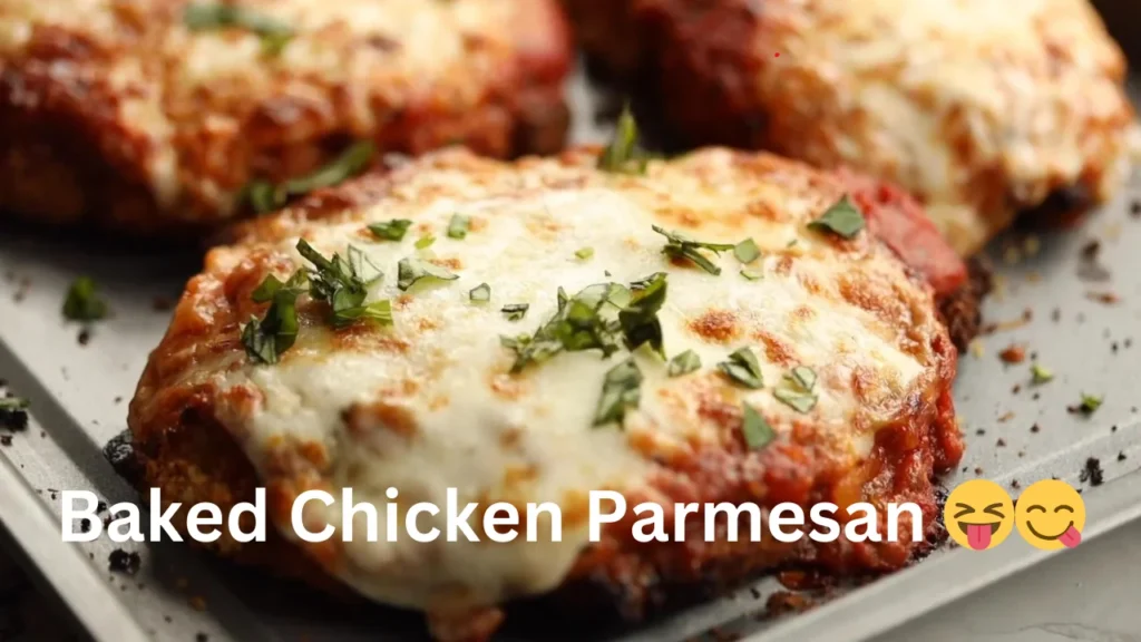 A delicious baked chicken parmesan topped with cheese and sauce, garnished with herbs, ready to be served.