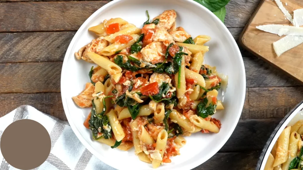 Spinach chicken tomato pasta 2 Delicious spinach chicken tomato pasta, featuring tender chicken, fresh spinach, and juicy tomatoes, served in a rustic bowl.