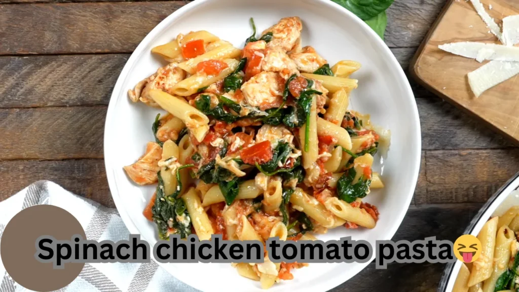 Delicious spinach chicken tomato pasta, featuring tender chicken, fresh spinach, and juicy tomatoes, served in a rustic bowl.